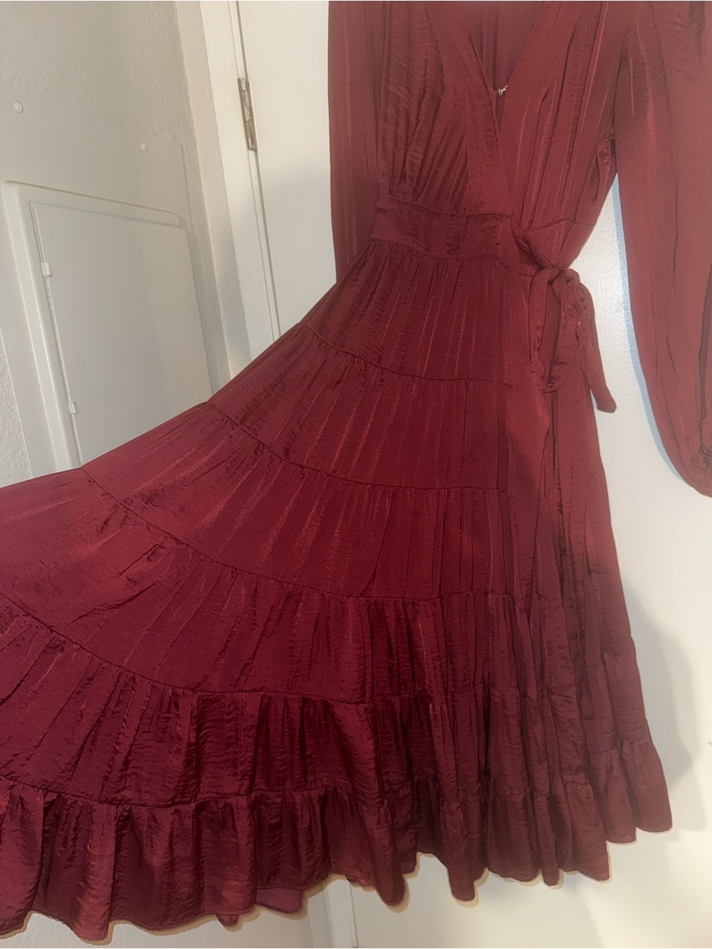 Gibson Wine Red Wrap Tiered Maxi Dress